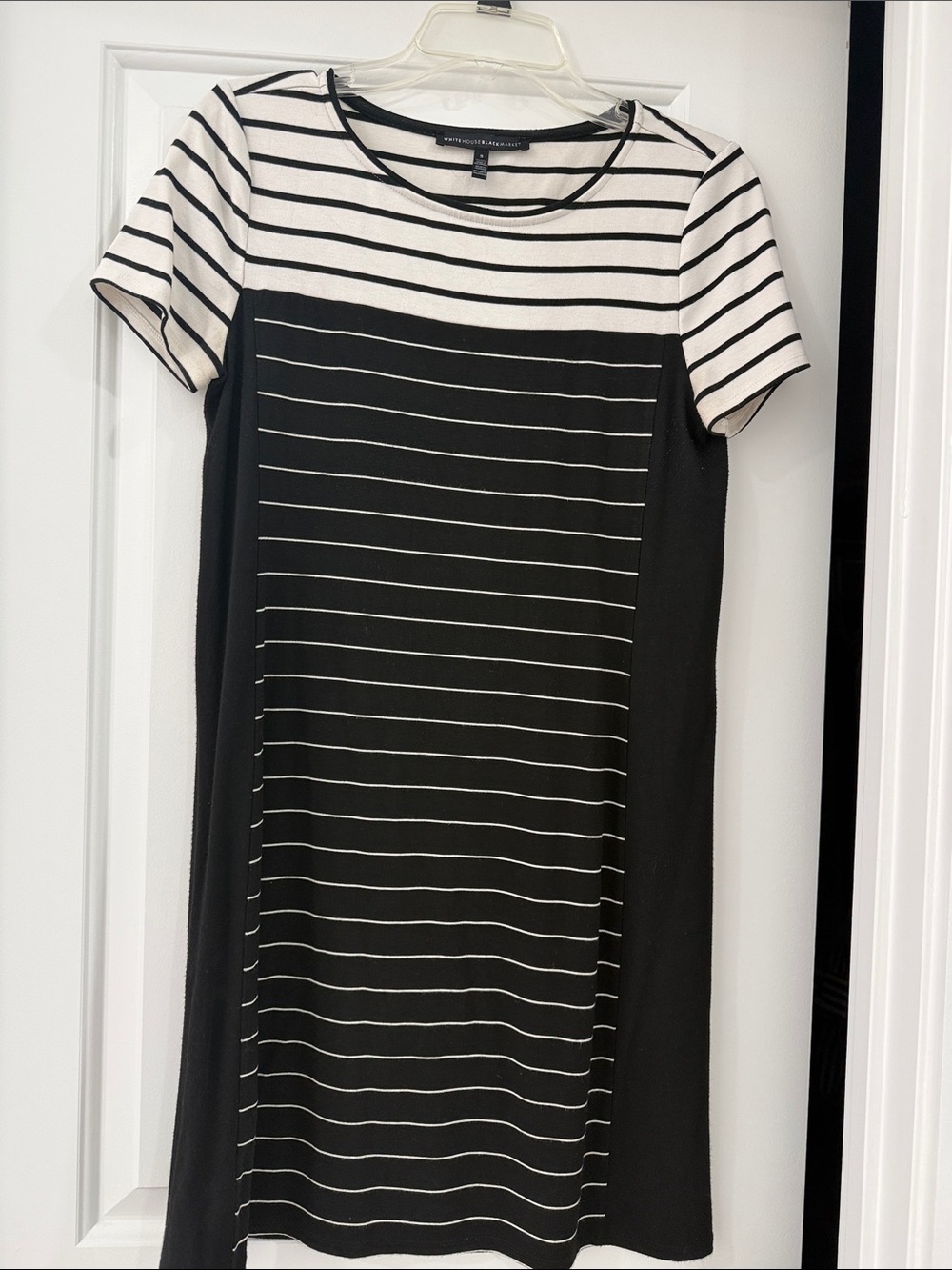 White House Black Market Black and White Striped Short Sleeve Shift Dress